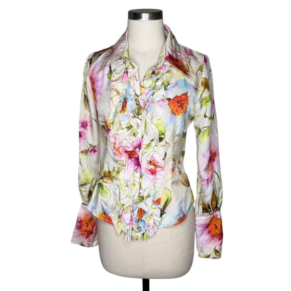 LIA KES New York Silk Blouse Floral Ruffle Button‎ Up Women's Size 8 Colorful